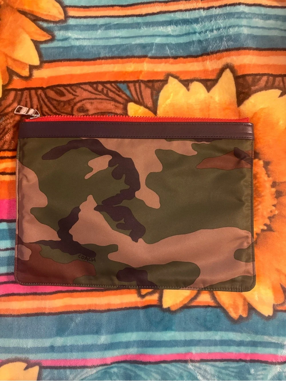 Coach Nylon Beach Camo Pouch F63445 Black Leather Trim Bag IPad Holder